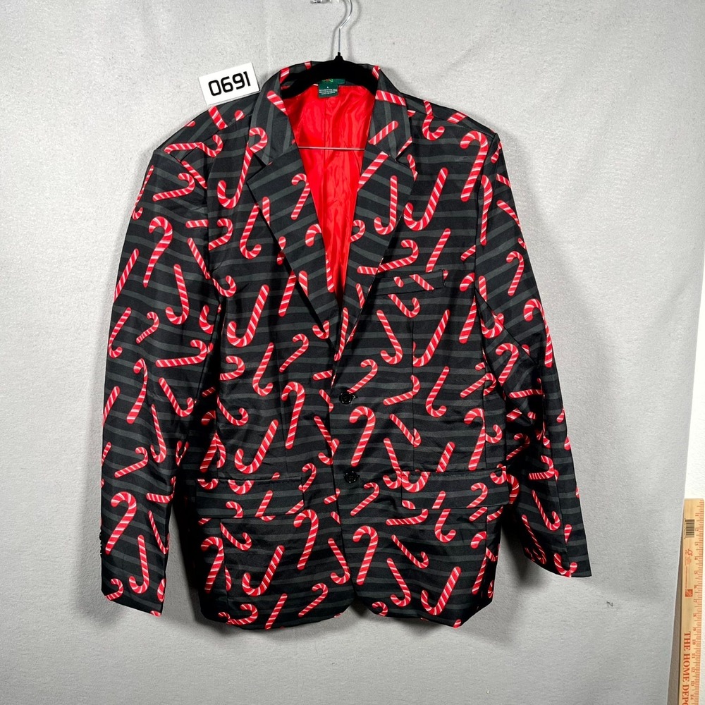Light Up Christmas Blazer Mens‎ Large Black Red Candy Cane Notch Lapel